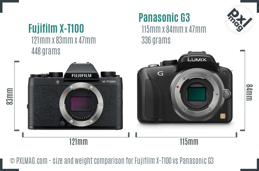 Fujifilm X-T100 vs Panasonic G3 size comparison