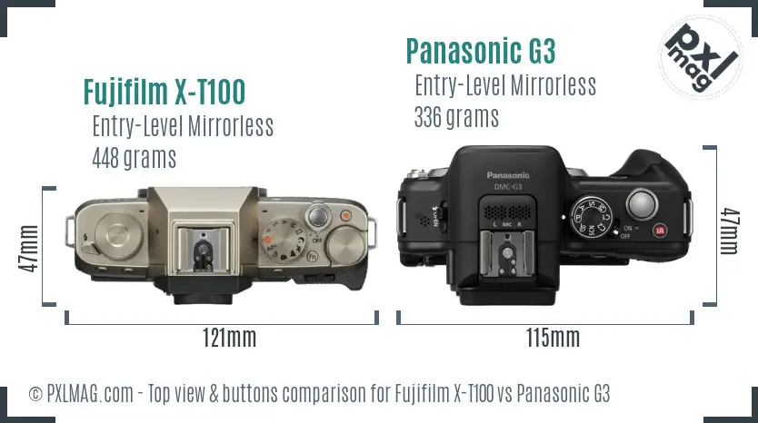 Fujifilm X-T100 vs Panasonic G3 top view buttons comparison