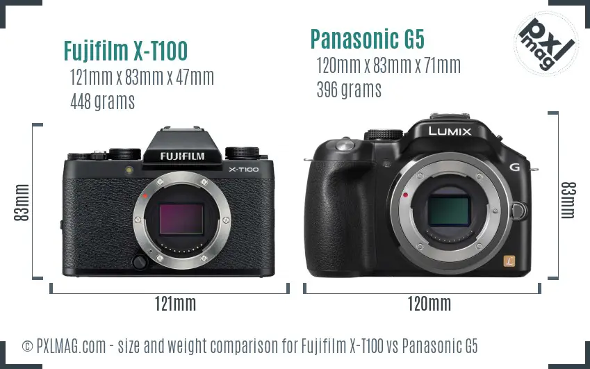 Fujifilm X-T100 vs Panasonic G5 size comparison