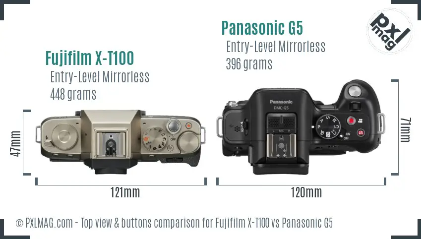 Fujifilm X-T100 vs Panasonic G5 top view buttons comparison