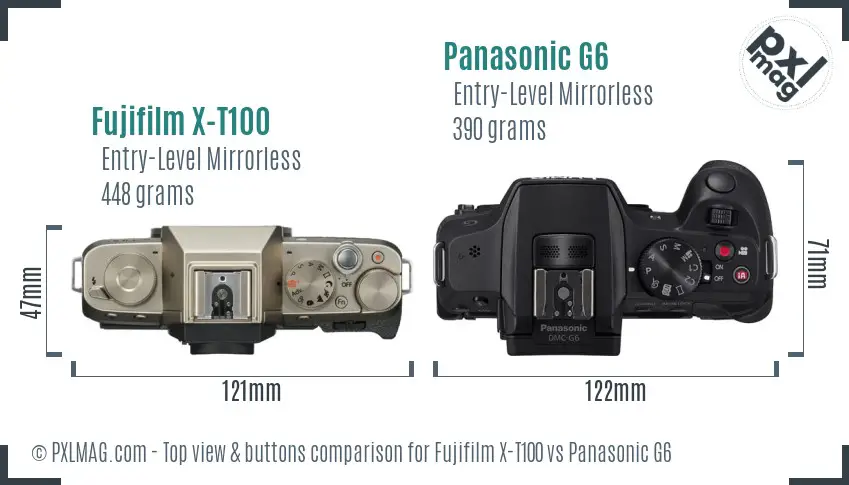 Fujifilm X-T100 vs Panasonic G6 top view buttons comparison Fujifilm X-T100 vs Panasonic G6 top view buttons comparison