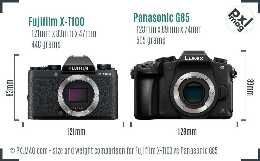 Fujifilm X-T100 vs Panasonic G85 size comparison