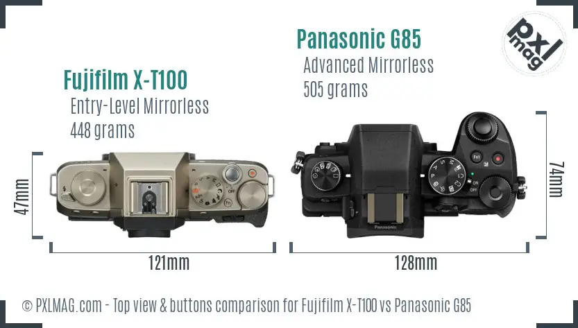 Fujifilm X-T100 vs Panasonic G85 top view buttons comparison
