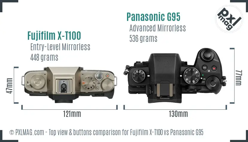 Fujifilm X-T100 vs Panasonic G95 top view buttons comparison