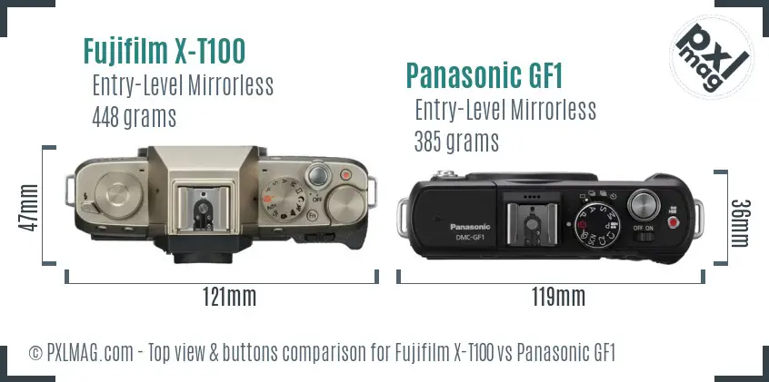 Fujifilm X-T100 vs Panasonic GF1 top view buttons comparison