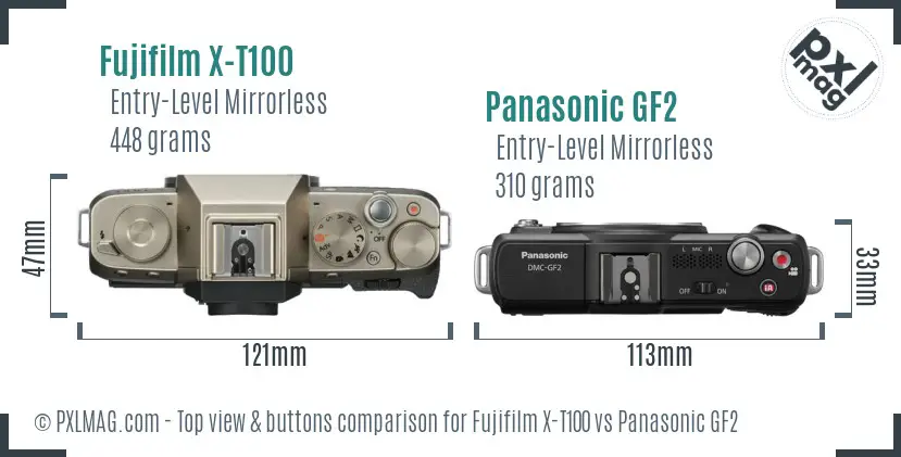 Fujifilm X-T100 vs Panasonic GF2 top view buttons comparison