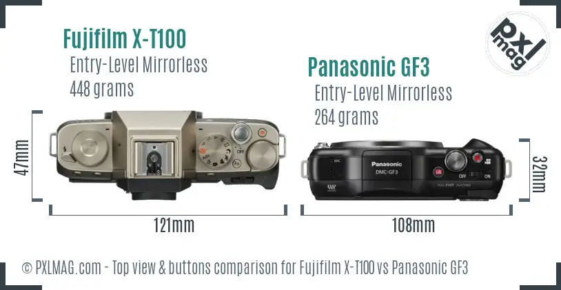 Fujifilm X-T100 vs Panasonic GF3 top view buttons comparison