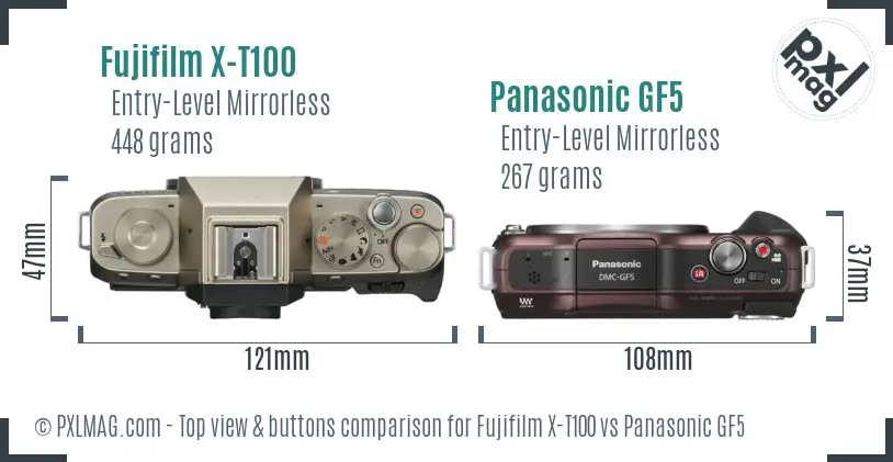 Fujifilm X-T100 vs Panasonic GF5 top view buttons comparison