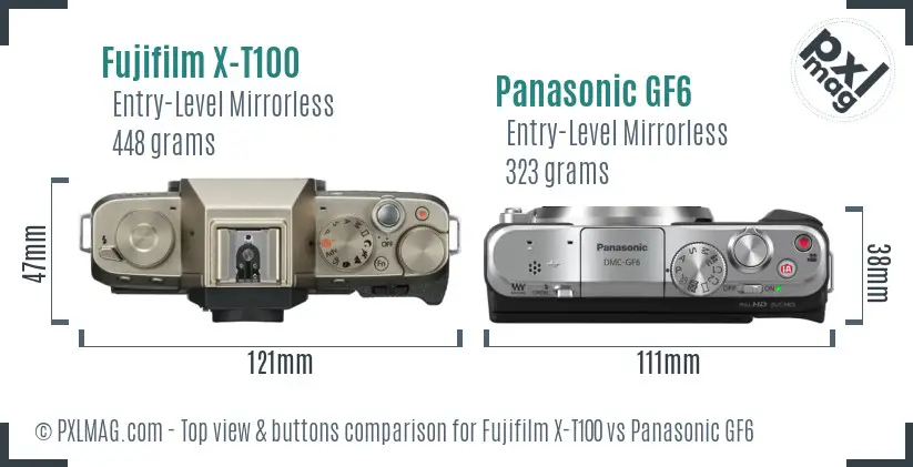 Fujifilm X-T100 vs Panasonic GF6 top view buttons comparison