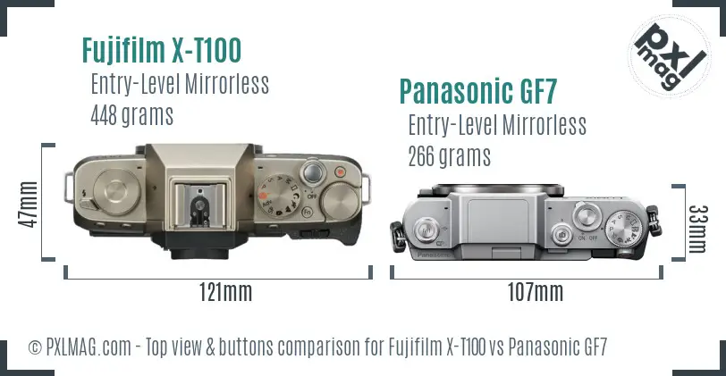 Fujifilm X-T100 vs Panasonic GF7 top view buttons comparison