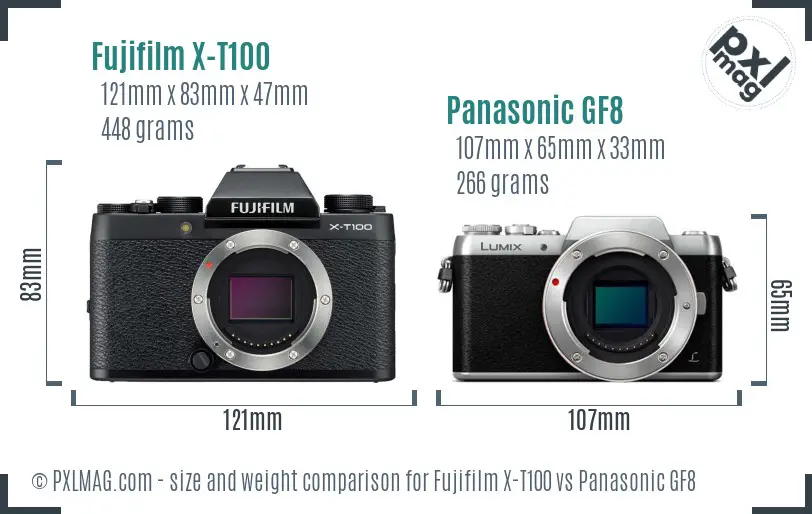 Fujifilm X-T100 vs Panasonic GF8 size comparison