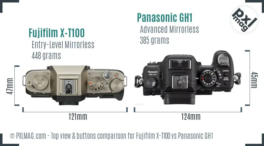 Fujifilm X-T100 vs Panasonic GH1 top view buttons comparison