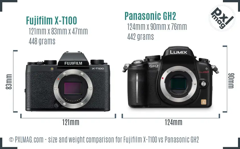 Fujifilm X-T100 vs Panasonic GH2 size comparison