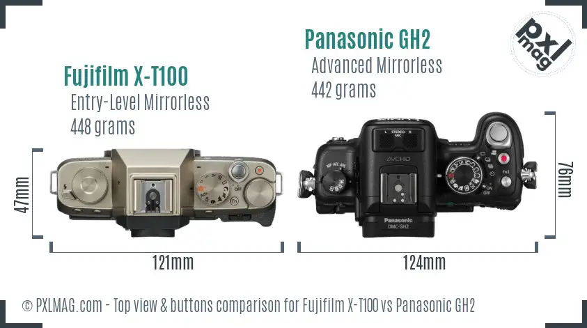Fujifilm X-T100 vs Panasonic GH2 top view buttons comparison