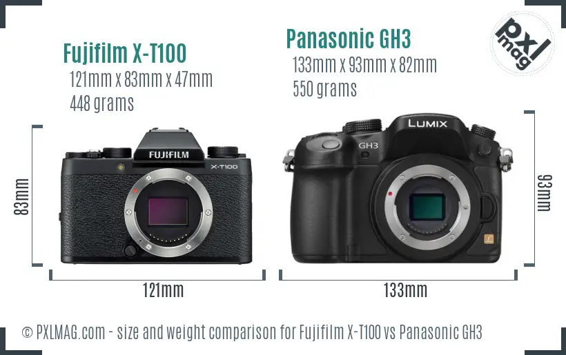 Fujifilm X-T100 vs Panasonic GH3 size comparison