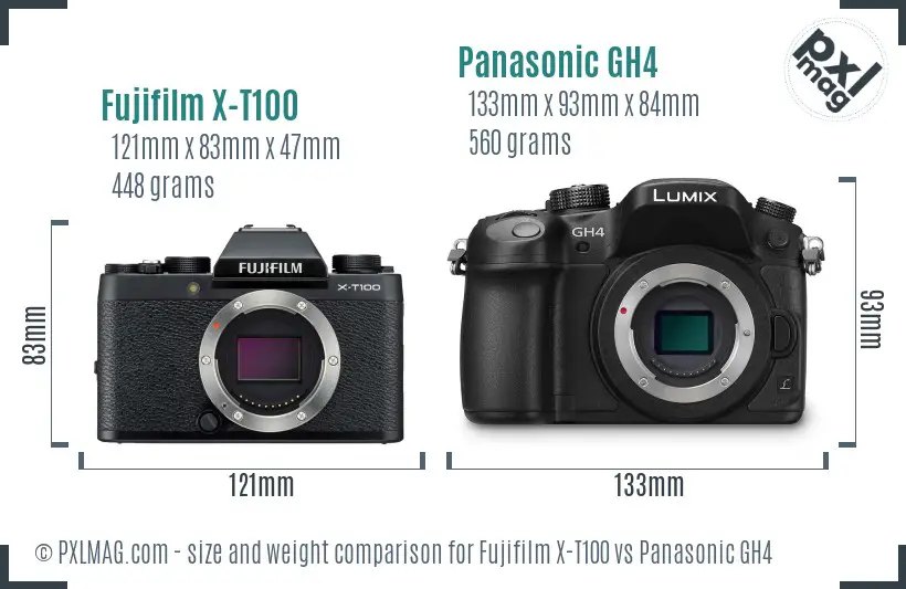 Fujifilm X-T100 vs Panasonic GH4 size comparison Fujifilm X-T100 vs Panasonic GH4 size comparison