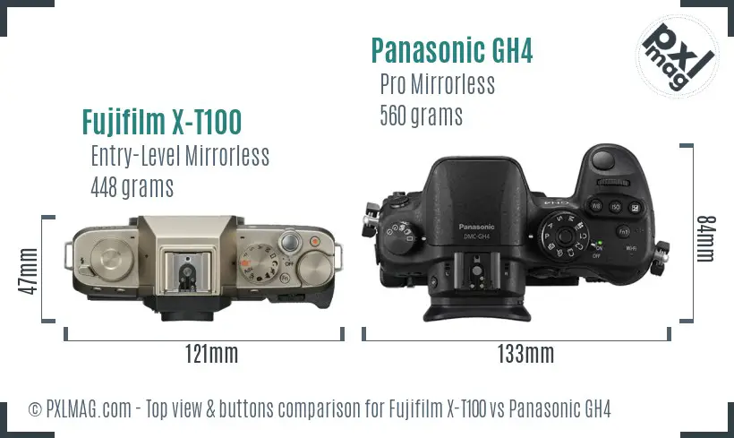Fujifilm X-T100 vs Panasonic GH4 top view buttons comparison Fujifilm X-T100 vs Panasonic GH4 top view buttons comparison