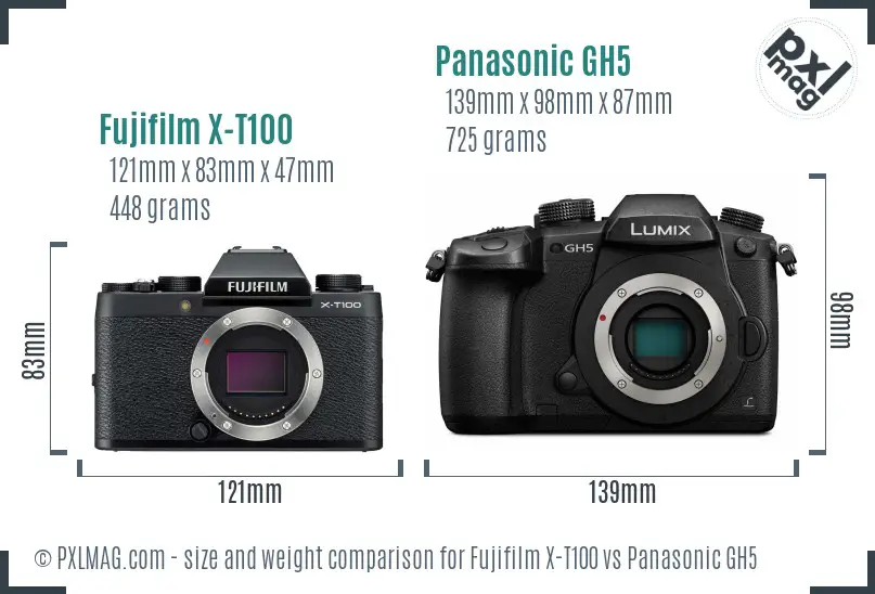 Fujifilm X-T100 vs Panasonic GH5 size comparison