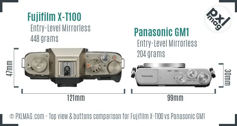 Fujifilm X-T100 vs Panasonic GM1 top view buttons comparison