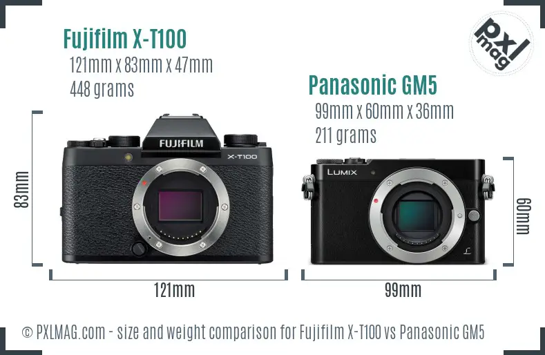 Fujifilm X-T100 vs Panasonic GM5 size comparison