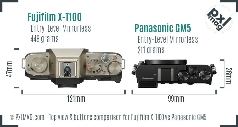 Fujifilm X-T100 vs Panasonic GM5 top view buttons comparison
