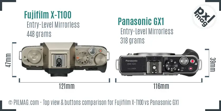 Fujifilm X-T100 vs Panasonic GX1 top view buttons comparison