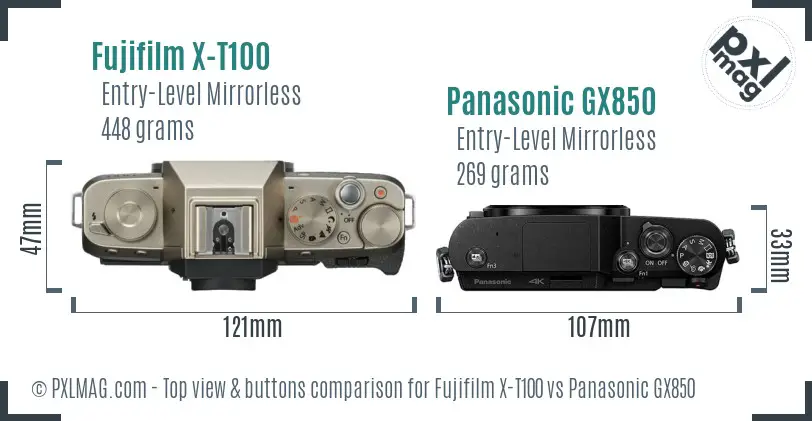 Fujifilm X-T100 vs Panasonic GX850 top view buttons comparison