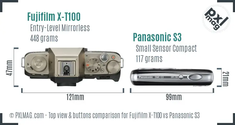 Fujifilm X-T100 vs Panasonic S3 top view buttons comparison