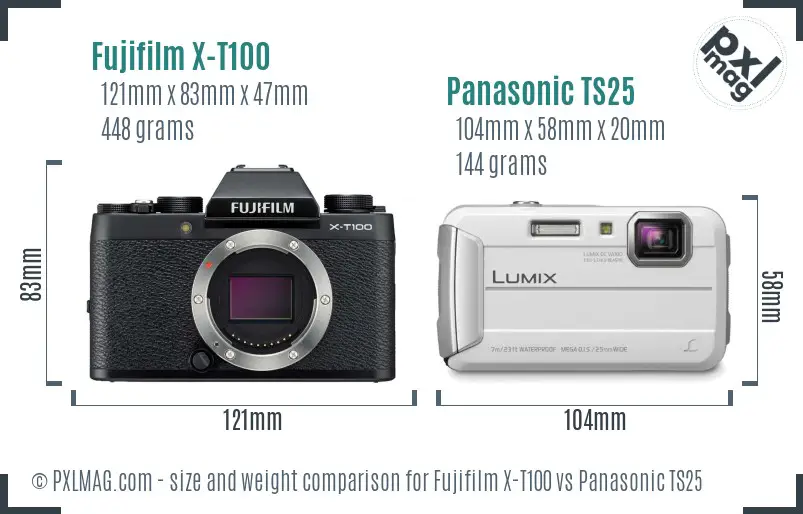 Fujifilm X-T100 vs Panasonic TS25 size comparison