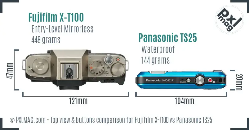 Fujifilm X-T100 vs Panasonic TS25 top view buttons comparison