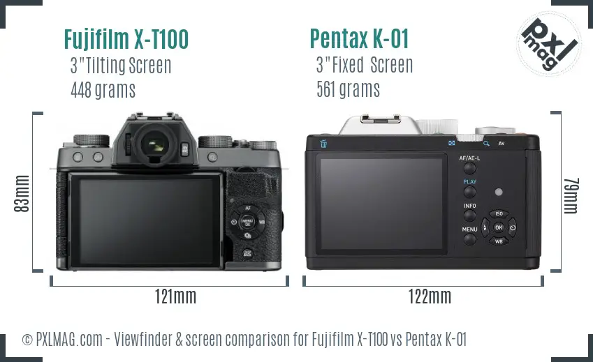 Fujifilm X-T100 vs Pentax K-01 Screen and Viewfinder comparison