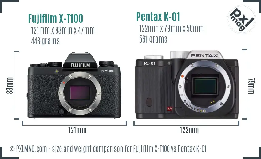 Fujifilm X-T100 vs Pentax K-01 size comparison