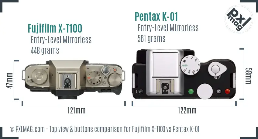 Fujifilm X-T100 vs Pentax K-01 top view buttons comparison