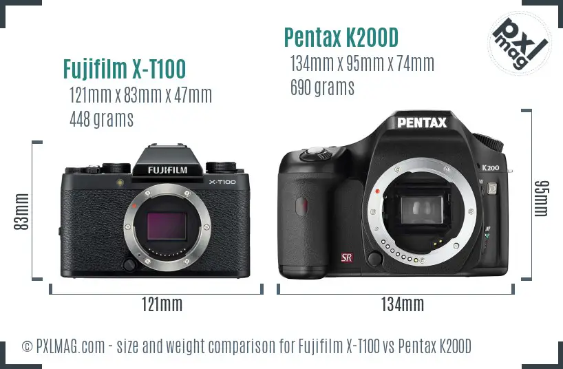 Fujifilm X-T100 vs Pentax K200D size comparison