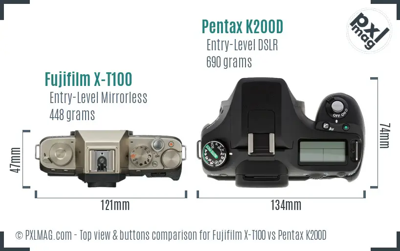 Fujifilm X-T100 vs Pentax K200D top view buttons comparison