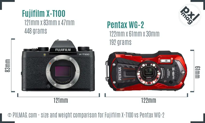 Fujifilm X-T100 vs Pentax WG-2 size comparison