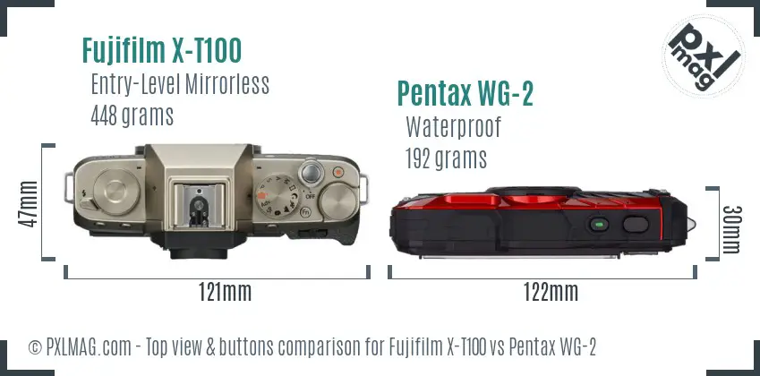 Fujifilm X-T100 vs Pentax WG-2 top view buttons comparison