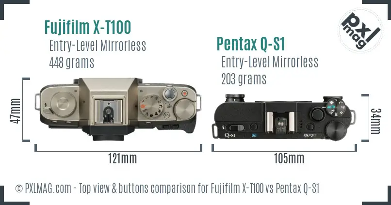 Fujifilm X-T100 vs Pentax Q-S1 top view buttons comparison Fujifilm X-T100 vs Pentax Q-S1 top view buttons comparison