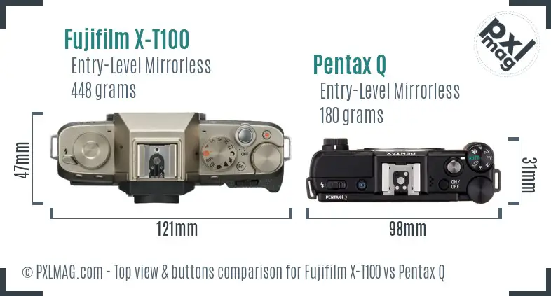 Fujifilm X-T100 vs Pentax Q top view buttons comparison