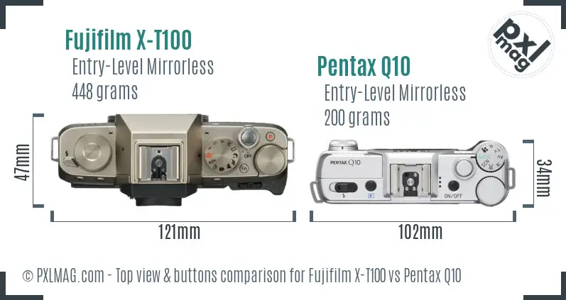 Fujifilm X-T100 vs Pentax Q10 top view buttons comparison