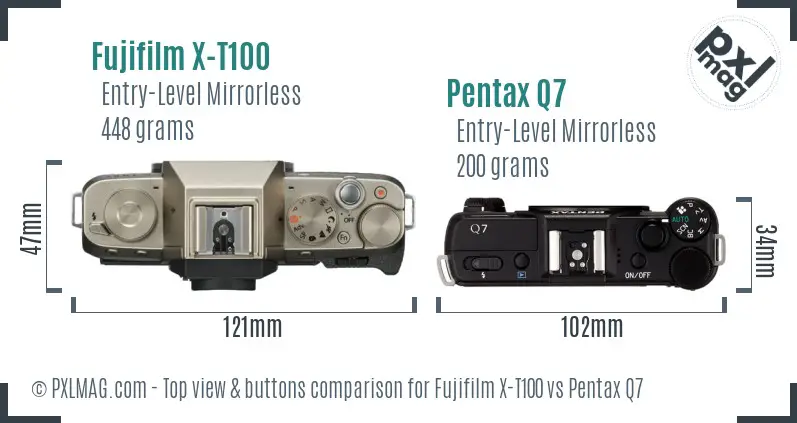 Fujifilm X-T100 vs Pentax Q7 top view buttons comparison