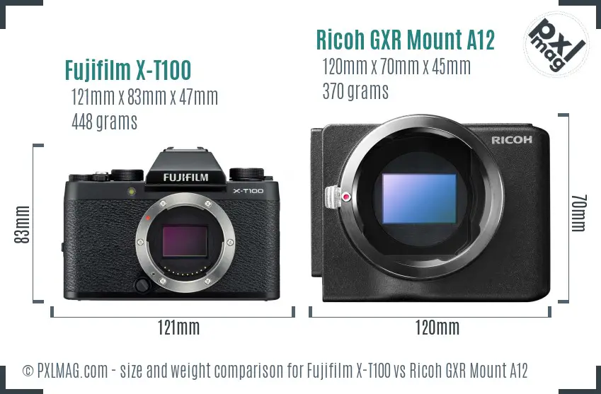 Fujifilm X-T100 vs Ricoh GXR Mount A12 size comparison