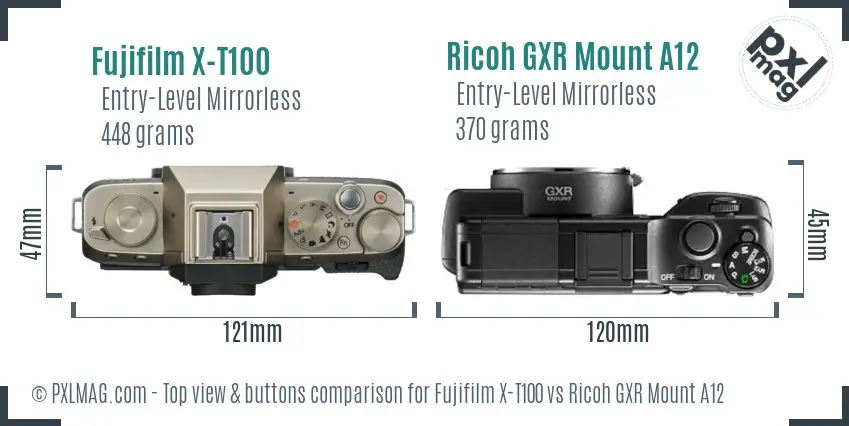 Fujifilm X-T100 vs Ricoh GXR Mount A12 top view buttons comparison