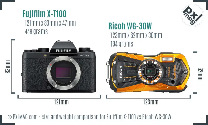 Fujifilm X-T100 vs Ricoh WG-30W size comparison