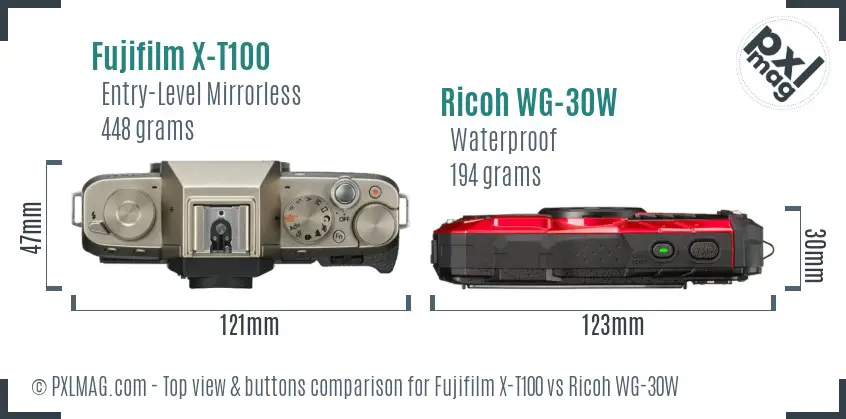 Fujifilm X-T100 vs Ricoh WG-30W top view buttons comparison