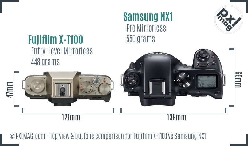 Fujifilm X-T100 vs Samsung NX1 top view buttons comparison