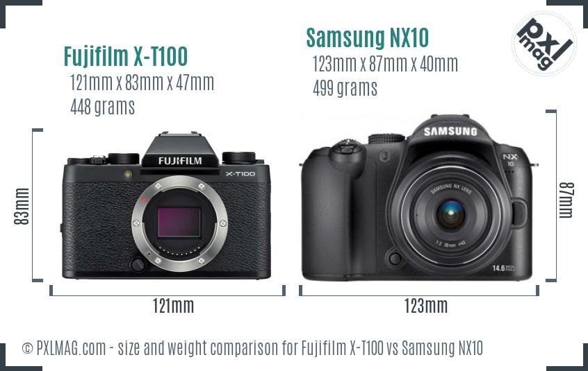 Fujifilm X-T100 vs Samsung NX10 size comparison Fujifilm X-T100 vs Samsung NX10 size comparison