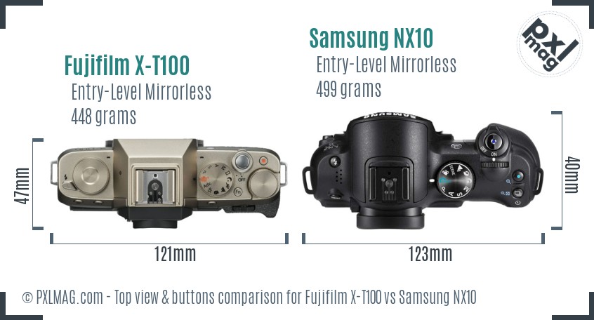 Fujifilm X-T100 vs Samsung NX10 top view buttons comparison