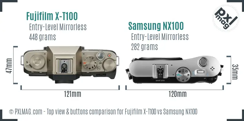 Fujifilm X-T100 vs Samsung NX100 top view buttons comparison