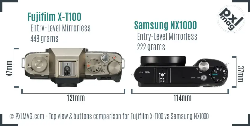 Fujifilm X-T100 vs Samsung NX1000 top view buttons comparison